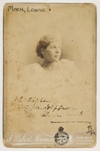 Mitchell Library, August 1897, P1/1090, DON a4220090. The inscription reads "AG Stephens with friendship from 'Louise Mack'". AG Stephens worked at The Bulletin with Mack, and was a great mentor to writers.